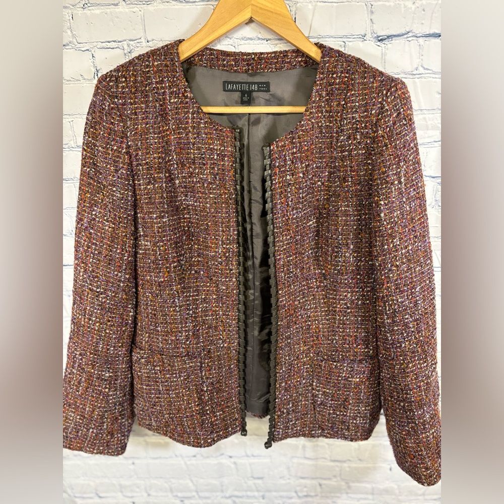 Lafayette 148 Tweed Dark Academia Collegiate Leather Trim Classic Wool Blazer 6